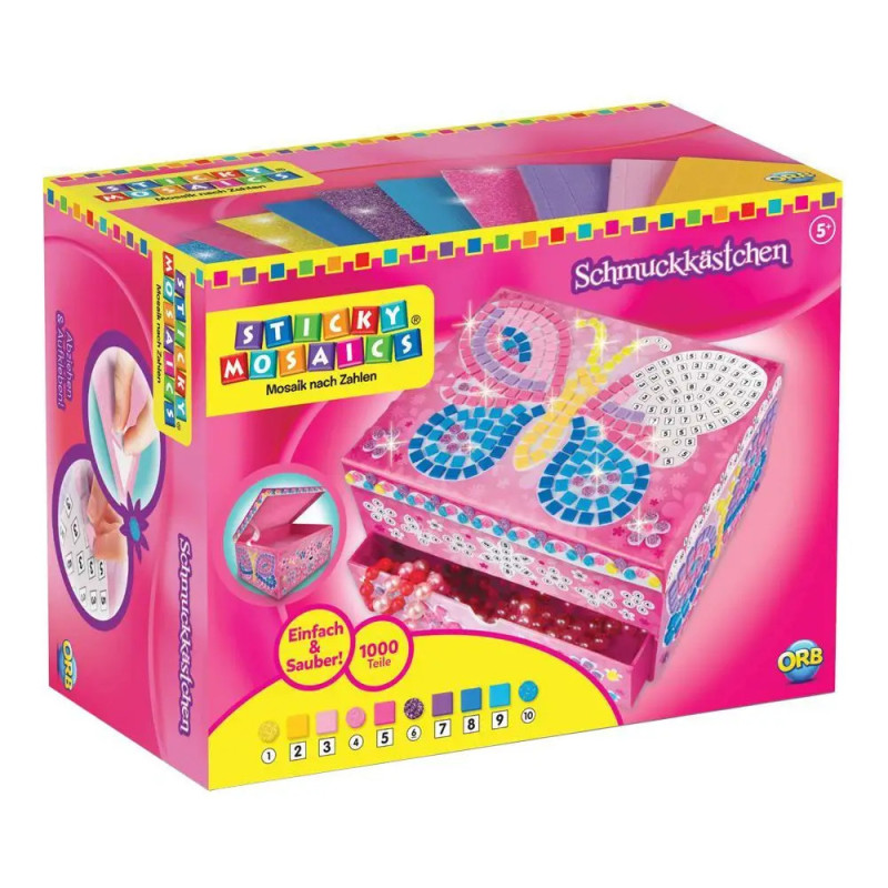 Buntes Sticky Mosaics Schmuckkästchen-Set mit Schmetterlingsmotiv und Mosaiksteinen auf der Verpackung.