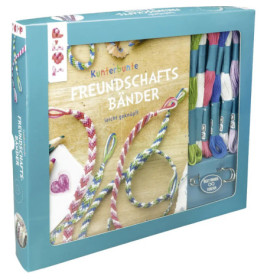 Freundschaftsarmband-Set mit bunten Fäden, fertigen Armbändern und deutscher Anleitung auf der Verpackung.