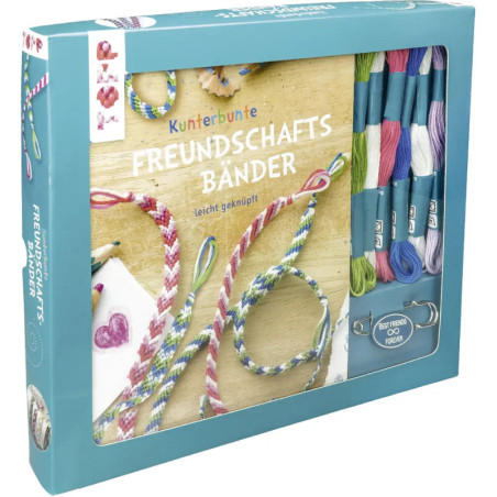 Freundschaftsarmband-Set mit bunten Fäden, fertigen Armbändern und deutscher Anleitung auf der Verpackung.