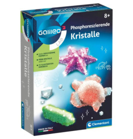 Galileo Lab-Box mit phosphoreszierendem Kristallset für Kinder, bunte Kristalle und deutscher Text abgebildet.