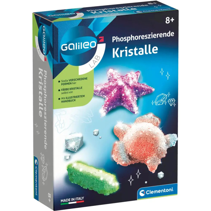 Galileo Lab-Box mit phosphoreszierendem Kristallset für Kinder, bunte Kristalle und deutscher Text abgebildet.