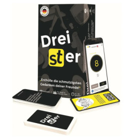 Das Partyspiel Dreister mit Karten, Verpackung und einem Smartphone, das die Zahl 8 anzeigt.