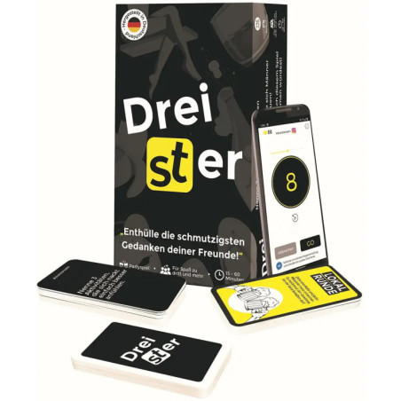 Das Partyspiel Dreister mit Karten, Verpackung und einem Smartphone, das die Zahl 8 anzeigt.