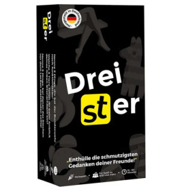 Schachtel des Drei Ster Partyspiels, schwarz mit weißer Schrift und Illustrationen von Pinata und Esel.