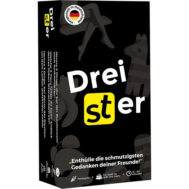 Schachtel des Drei Ster Partyspiels, schwarz mit weißer Schrift und Illustrationen von Pinata und Esel.