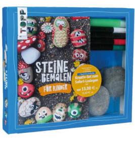 Steinmal-Set für Kinder mit Stiften, Steinen und bunter Anleitung in einer blauen Box.