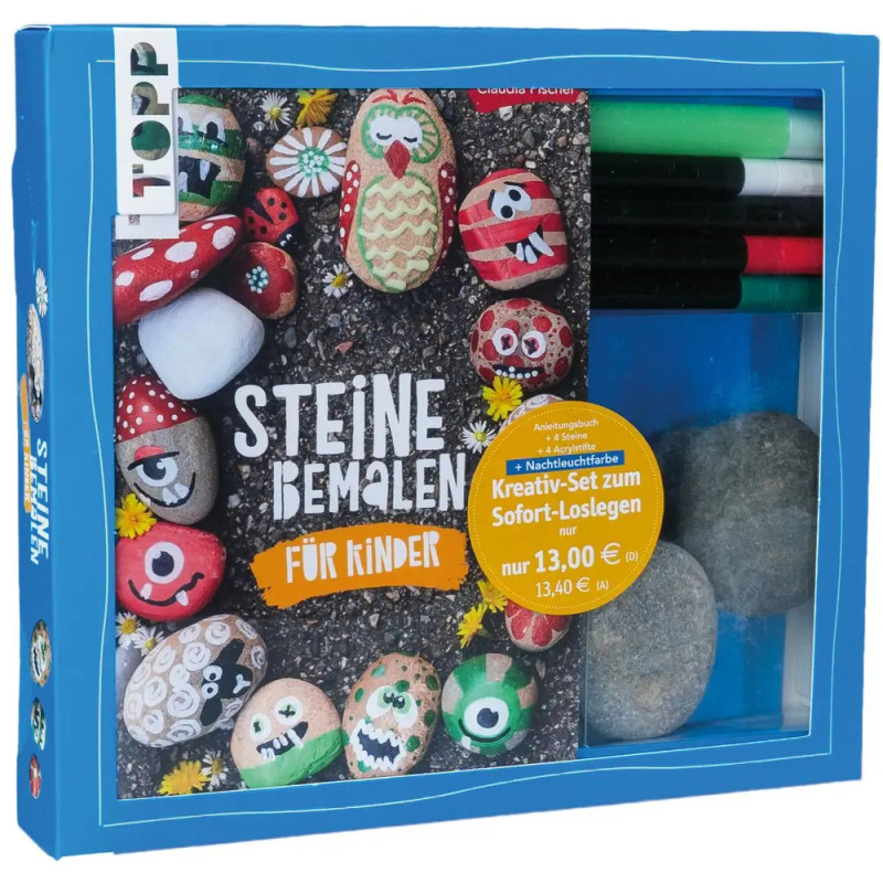 Steinmal-Set für Kinder mit Stiften, Steinen und bunter Anleitung in einer blauen Box.