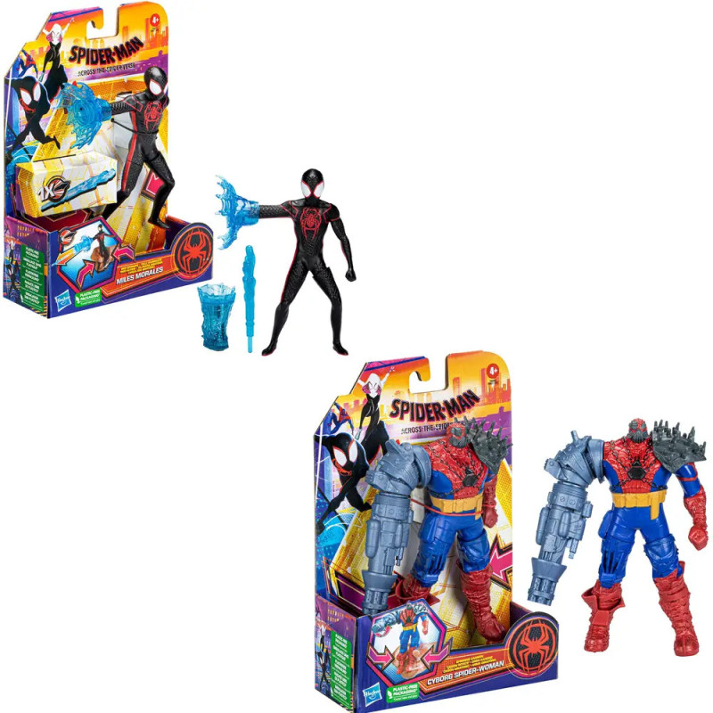 Zwei Spider-Man-Figuren mit Zubehör und bunter Verpackung sind vor weißem Hintergrund ausgestellt. Zwei Spider-Man-Figuren mit Zubehör und bunter Verpackung sind vor weißem Hintergrund ausgestellt.