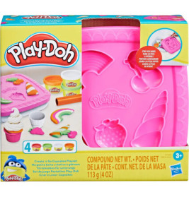 Play-Doh Cupcake-Set: Verpackung mit rosa Förmchen sowie Bildern von Cupcakes und Bäckerwerkzeug.