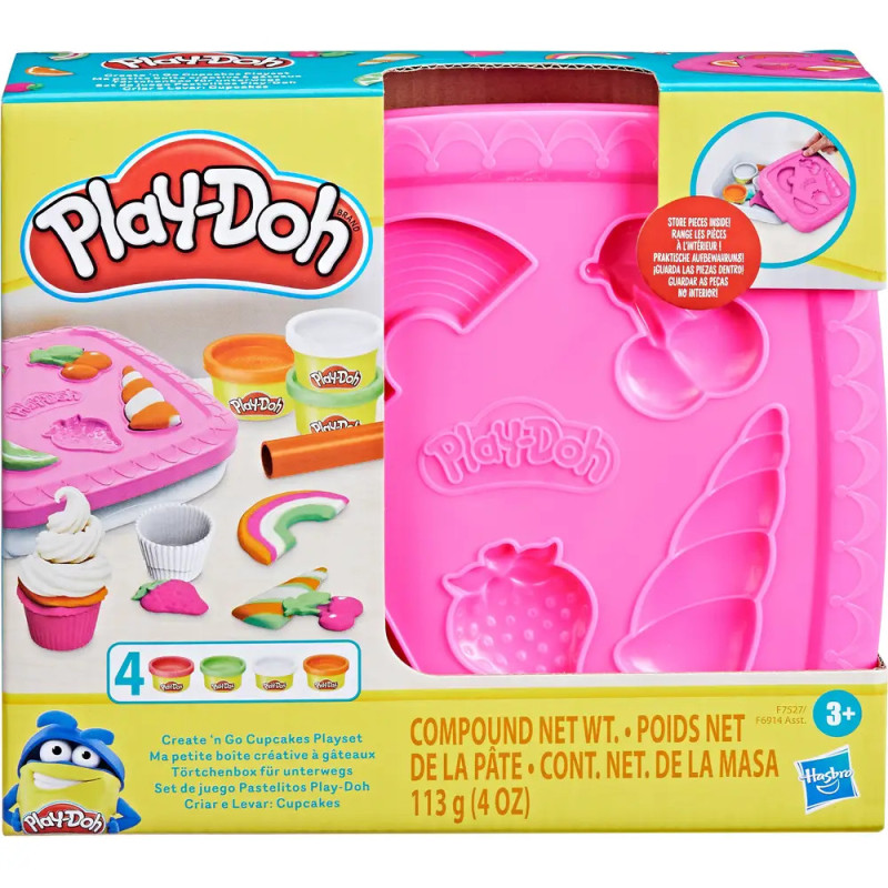 Play-Doh Cupcake-Set: Verpackung mit rosa Förmchen sowie Bildern von Cupcakes und Bäckerwerkzeug.
