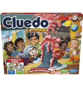 Sechs Kinder beobachten ein Vulkan-Experiment auf der Cluedo Junior Spielbox, umgeben von wissenschaftlichen Requisiten.