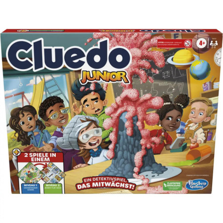 Sechs Kinder beobachten ein Vulkan-Experiment auf der Cluedo Junior Spielbox, umgeben von wissenschaftlichen Requisiten.