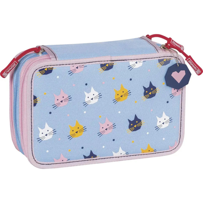 Hellblaues Mäppchen mit bunten Katzenköpfen und herzförmigem Reißverschlussanhänger.