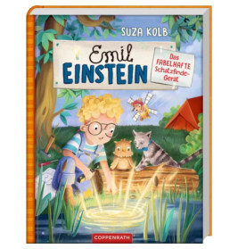 Ein Junge mit Brille, eine Eule und eine Katze betrachten Wasser an einem Zelt auf einem farbenfrohen Buchcover.