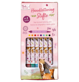 Box mit doppelseitigen Handlettering-Stiften im Pferde-Design, bunt, beschriftet auf Deutsch und Französisch.
