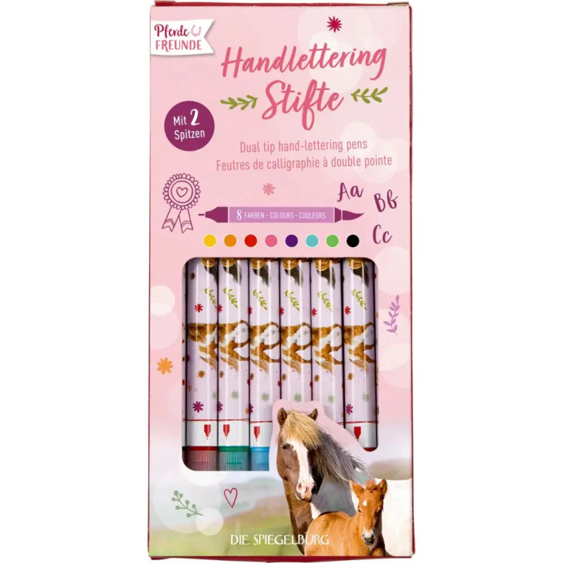 Box mit doppelseitigen Handlettering-Stiften im Pferde-Design, bunt, beschriftet auf Deutsch und Französisch.