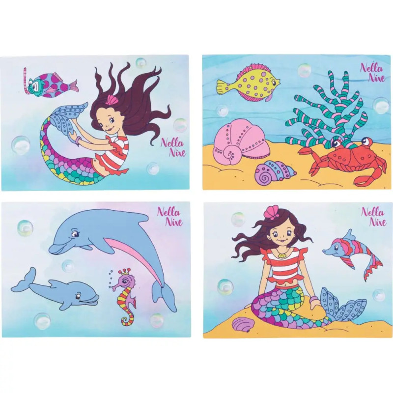 Vier bunte Illustrationen zeigen Meerjungfrauen, Meerestiere und Ozeanszenen mit Blasen vor leuchtenden Hintergründen.