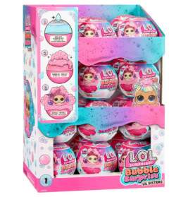 Bunte LOL Surprise Bubble Surprise Lil Sisters Box mit rosa Bällen und beiliegender Anleitung.