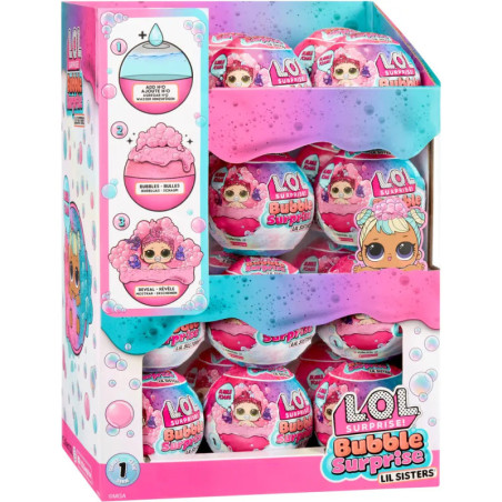 Bunte LOL Surprise Bubble Surprise Lil Sisters Box mit rosa Bällen und beiliegender Anleitung.