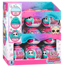 Auslage mit LOL Surprise Bubble Surprise, bunte runde Verpackungen und Comicfiguren sind abgebildet.