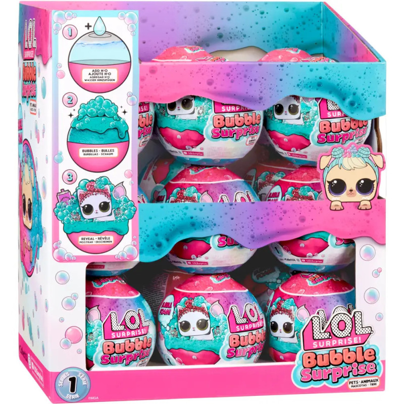 Auslage mit LOL Surprise Bubble Surprise, bunte runde Verpackungen und Comicfiguren sind abgebildet.