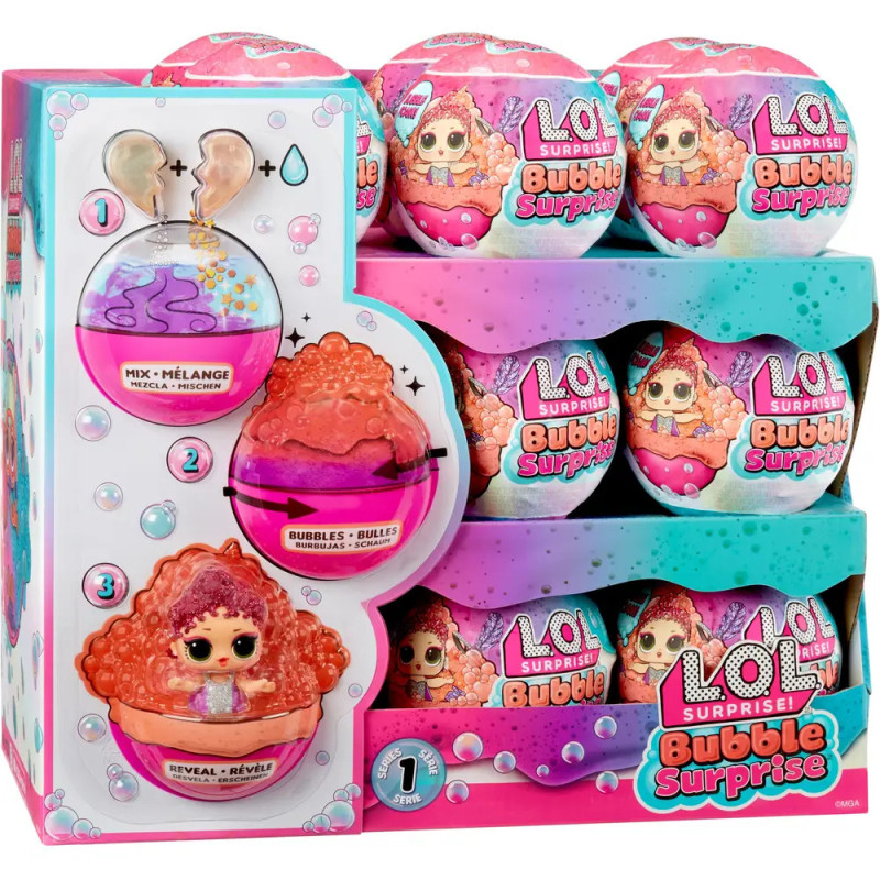 LOL Surprise Bubble Surprise Box mit bunten Kugeln und einer Puppe, umgeben von Seifenblasen, im Display. LOL Surprise Bubble Surprise Box mit bunten Kugeln und einer Puppe, umgeben von Seifenblasen, im Display.