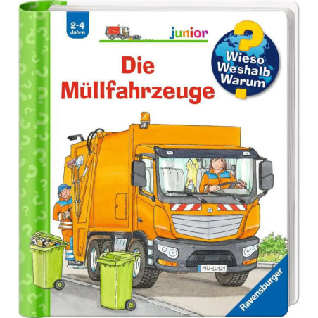 Kinderbuchcover: Ein orangefarbenes Müllauto sammelt mit Arbeitern Tonnen ein. Titel: Die Müllfahrzeuge.