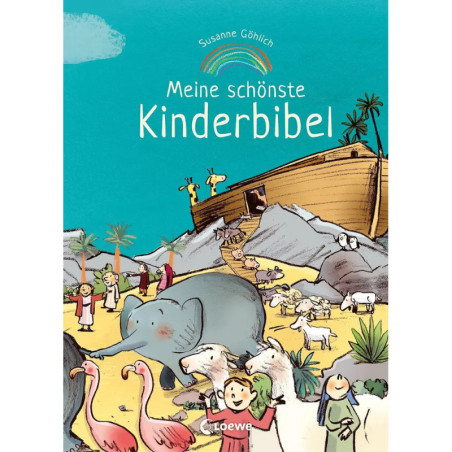 Buchcover mit Illustration von Noahs Arche, Tieren und Menschen sowie dem Titel Meine schönste Kinderbibel.