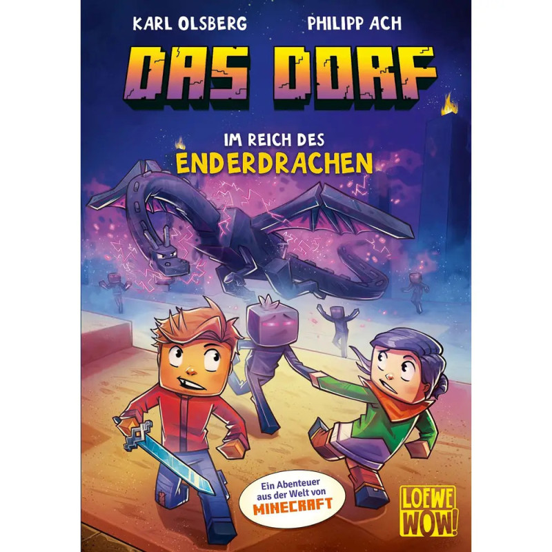 Zwei Comic-Kinder mit Waffen stehen einem Drachen auf einem Minecraft-Buchcover mit dem Titel Das Dorf gegenüber.