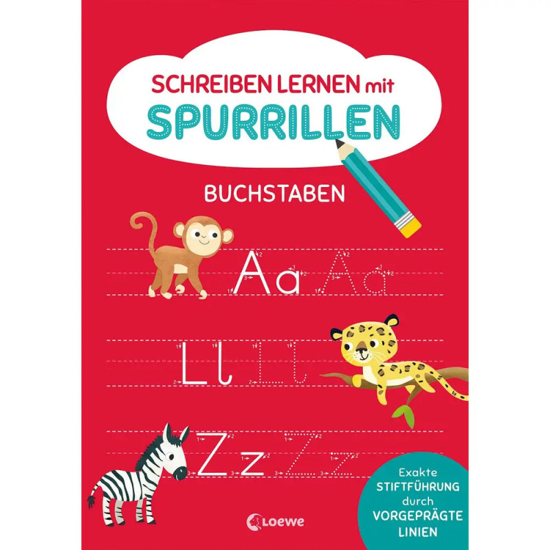 Rotes deutsches Übungsheft mit Tieren, großer Schrift und gepunkteten Buchstaben zum Nachspuren und Schreibenlernen.