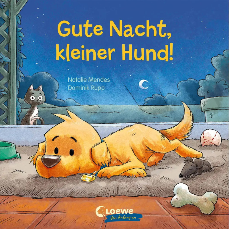 Hund liegt nachts mit Knochen, Spielzeug und Katze auf der Veranda. Text: Gute Nacht, kleiner Hund!.