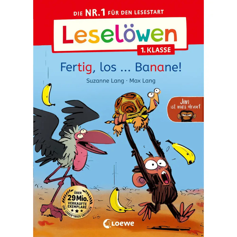 Cartoon-Vögel greifen nach Bananen auf dem bunten deutschen Kinderbuchcover Fertig, los ... Banane!.