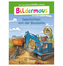 Buntes Kinderbuchcover mit einer Baustelle, blauem Bagger und einem Bauarbeiter mit Schutzhelm.