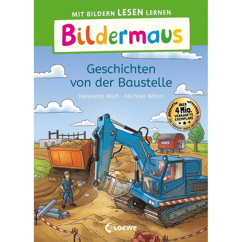 Buntes Kinderbuchcover mit einer Baustelle, blauem Bagger und einem Bauarbeiter mit Schutzhelm.