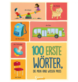 Buntes deutsches Vokabelposter mit Cartoons von Katze, Bus, Rucksack, Schnuller, Stuhl und Wippe.