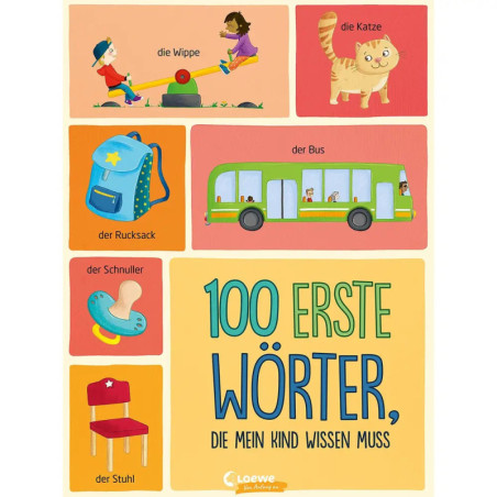 Buntes deutsches Vokabelposter mit Cartoons von Katze, Bus, Rucksack, Schnuller, Stuhl und Wippe.