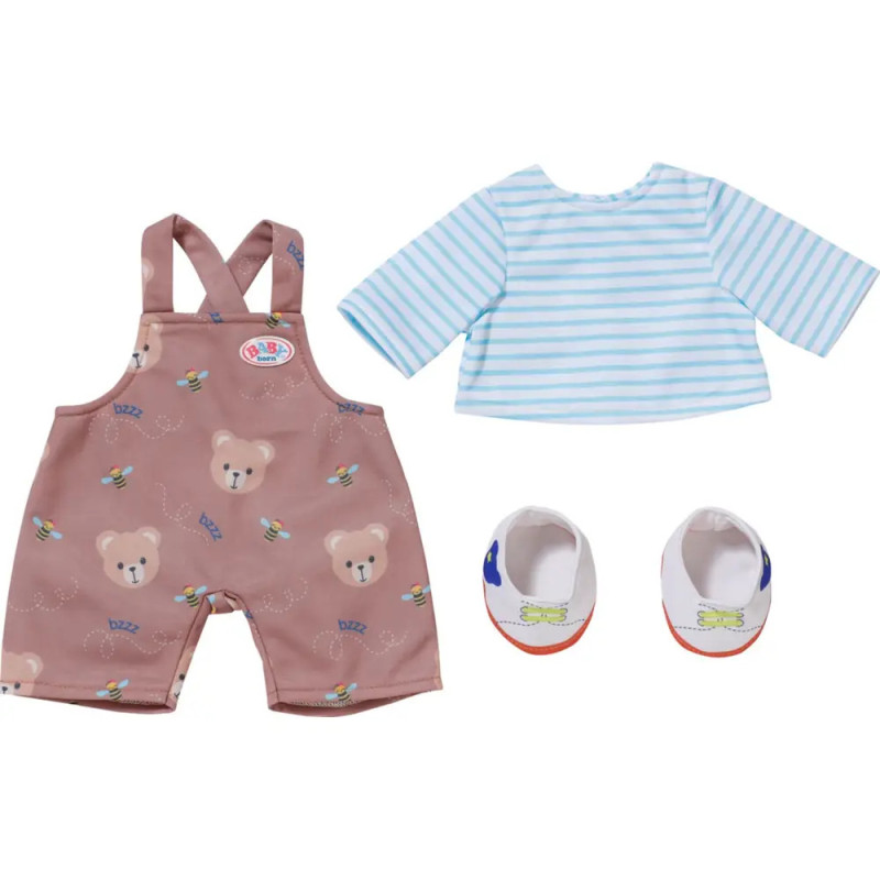 Puppenkleidung mit Latzhose im Bärchenmuster, gestreiftem Shirt und zwei kleinen Mützen. Puppenkleidung mit Latzhose im Bärchenmuster, gestreiftem Shirt und zwei kleinen Mützen.