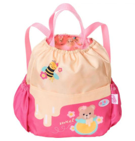 Rosa-gelber Rucksack mit Bienen-, Bären- und Blumenmotiv sowie Kordelzug und Griffen.