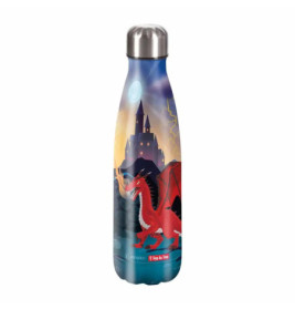 Isolierte Trinkflasche mit rotem Drachen und Schloss auf Nachthimmel-Hintergrund.