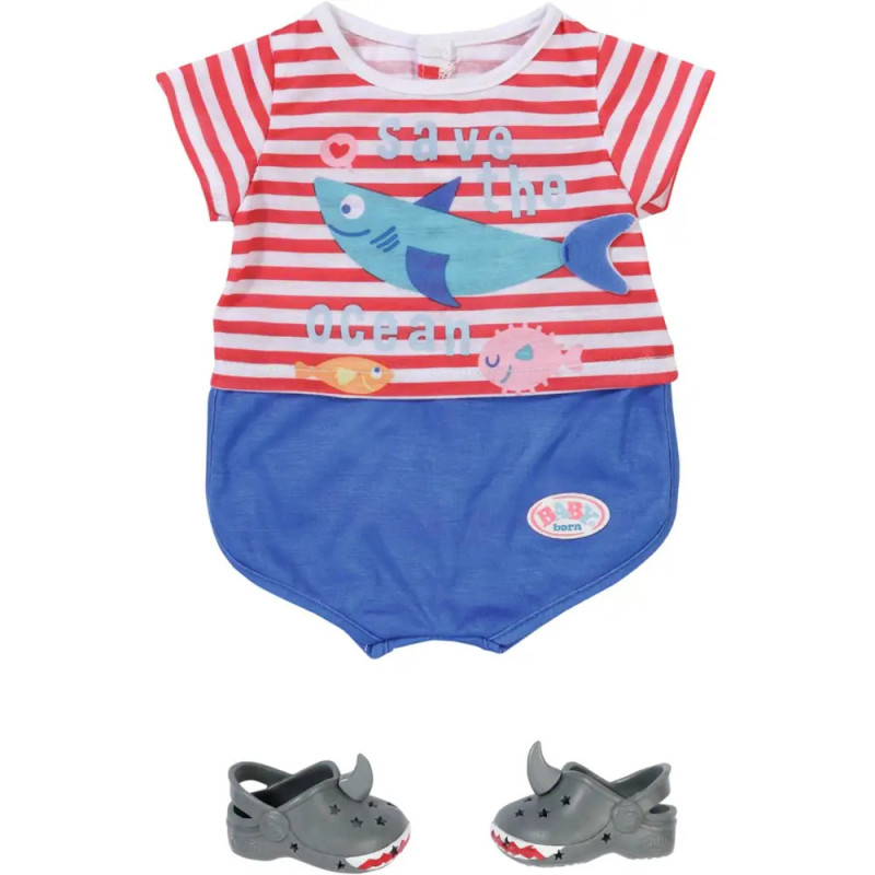 Babystrampler mit roten Streifen, Hai- und Fischmotiv, blauem Unterteil und grauen Schuhen im Nashorn-Design.