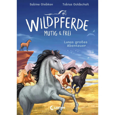 Gezeichnete Wildpferde laufen über eine Wiese darüber der Buchtitel Wildpferde: Mutig & Frei.