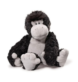 Kuscheltier-Gorilla mit schwarzem Fell sowie hellgrauem Gesicht, Bauch, Händen und Füßen.
