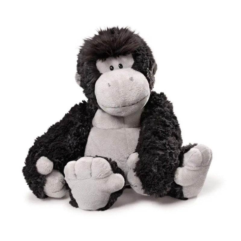 Kuscheltier-Gorilla mit schwarzem Fell sowie hellgrauem Gesicht, Bauch, Händen und Füßen. Kuscheltier-Gorilla mit schwarzem Fell sowie hellgrauem Gesicht, Bauch, Händen und Füßen.