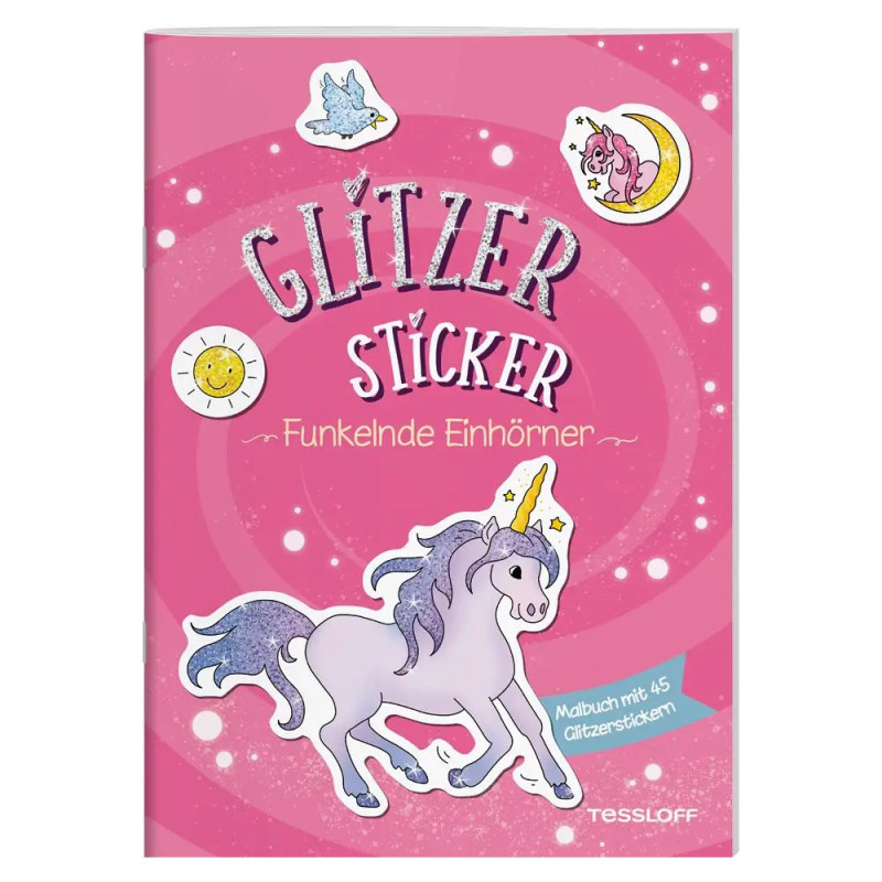 Pinkes Buchcover mit Einhorn, Sternen und Sonne. Text: Glitzer Sticker Funkelnde Einhörner.