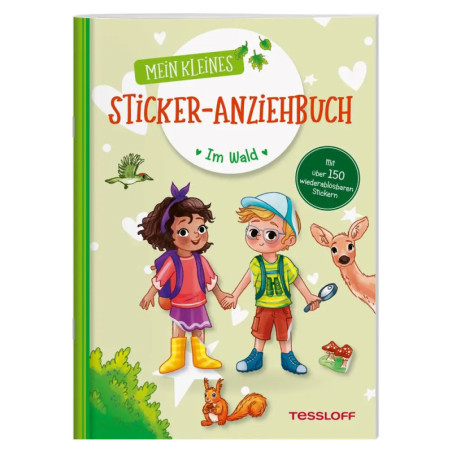 Illustrierter Umschlag eines Kinder-Stickerbuchs über den Wald mit zwei Kindern, Tieren und Bäumen.
