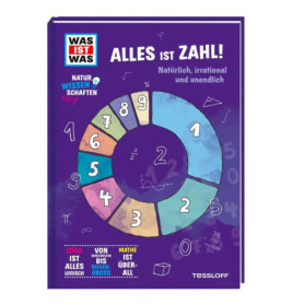 Buchcover mit bunter Zahlenspirale und deutschem Text über Mathematik, Zahlen und Logik auf lila Hintergrund.