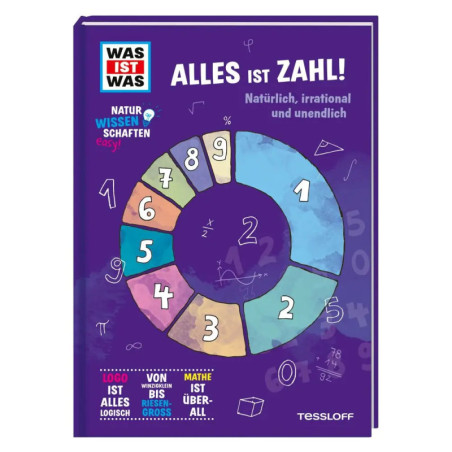 Buchcover mit bunter Zahlenspirale und deutschem Text über Mathematik, Zahlen und Logik auf lila Hintergrund. Buchcover mit bunter Zahlenspirale und deutschem Text über Mathematik, Zahlen und Logik auf lila Hintergrund.