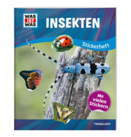 Stickerbuch-Cover mit Fotos von Käfer, Schmetterling, Biene und Marienkäfer auf blauem Hintergrund.