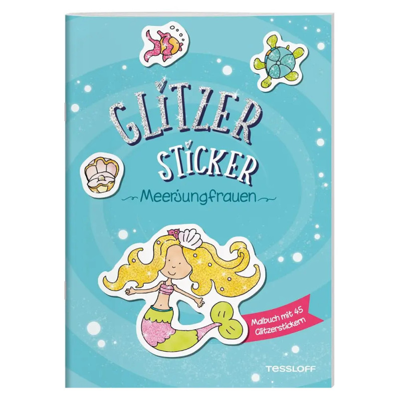 Buchcover mit lächelnder Meerjungfrau, Muscheln und Meerestieren Titel: Glitzer Sticker Meerjungfrauen.