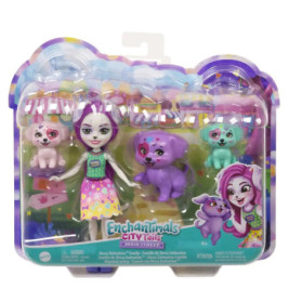 Enchantimals City Tails Spielset mit Puppe und rosa sowie lila Tierfiguren in bunter Verpackung.